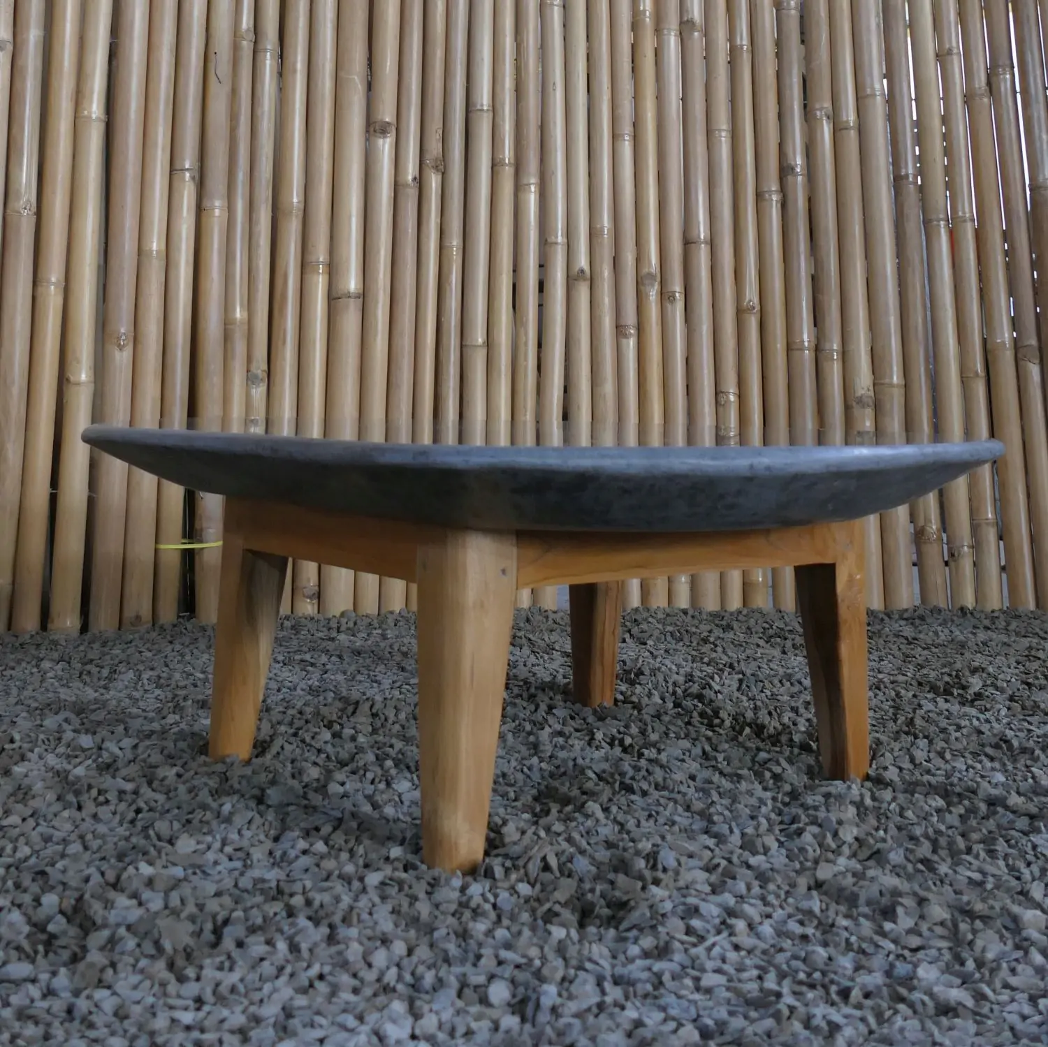  Product image 5 of the product “Unique round flat Table, made from Riverstone slate with teak feet, approx dia. 80cm, 30cm height and 6cm thickness ”